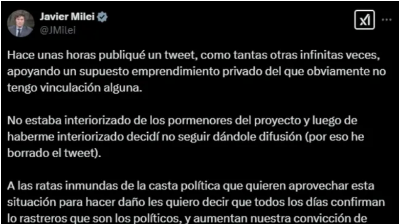 En este momento estás viendo La respuesta de Javier Milei tras el escándalo cripto: «No tengo vinculación alguna»