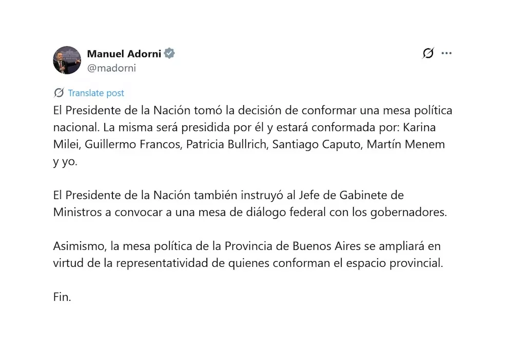 Lee más sobre el artículo Tras la derrota en Buenos Aires, Milei arma una mesa política y otra de diálogo con gobernadores