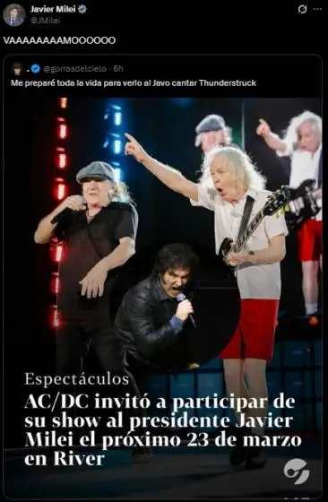 En este momento estás viendo Milei cayó en una fake news sobre una invitación de AC/DC para cantar en River